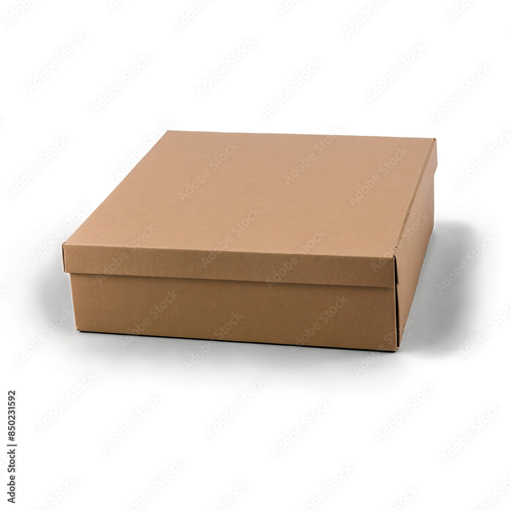 A flat, brown cardboard box placed isolated, showing a minimalist look with a transparent, white background, in png