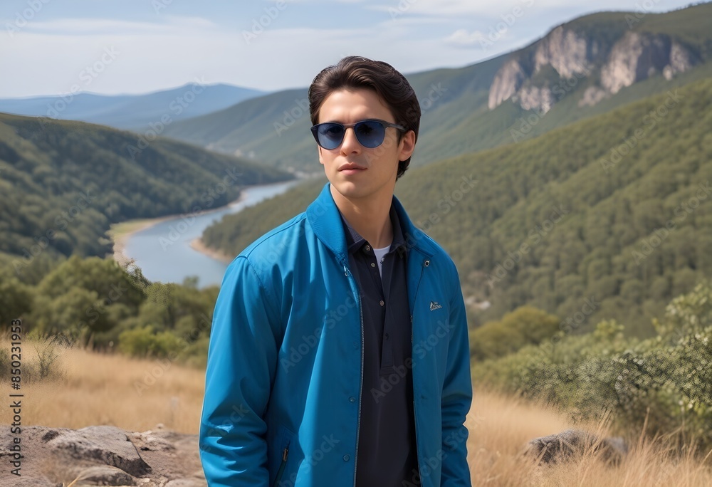 A young man with dark hair wearing a a blue jacket and sunglasses A young man with dark hair wearing a a blue jacket and sunglasses