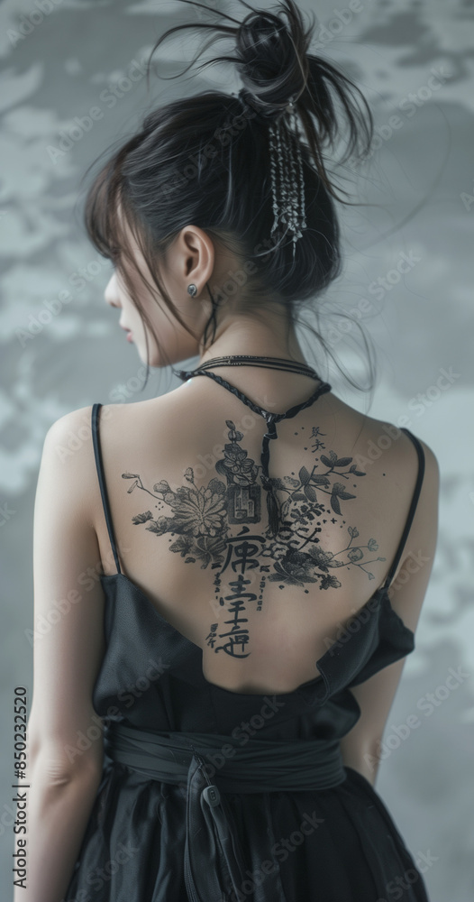 Naklejka premium Woman with intricate black tattoo on back, dark dress, hair up, blurred background