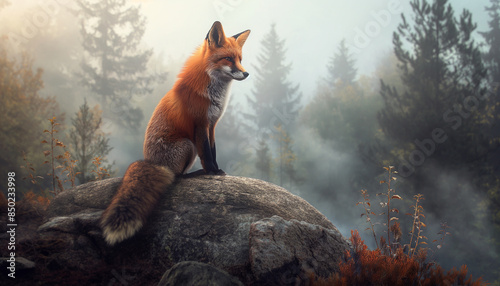 Fototapeta Naklejka Na Ścianę i Meble -  Young red fox vulpes vulpes lying on a rock licking it's mouth in the mountains forest pine tree background
