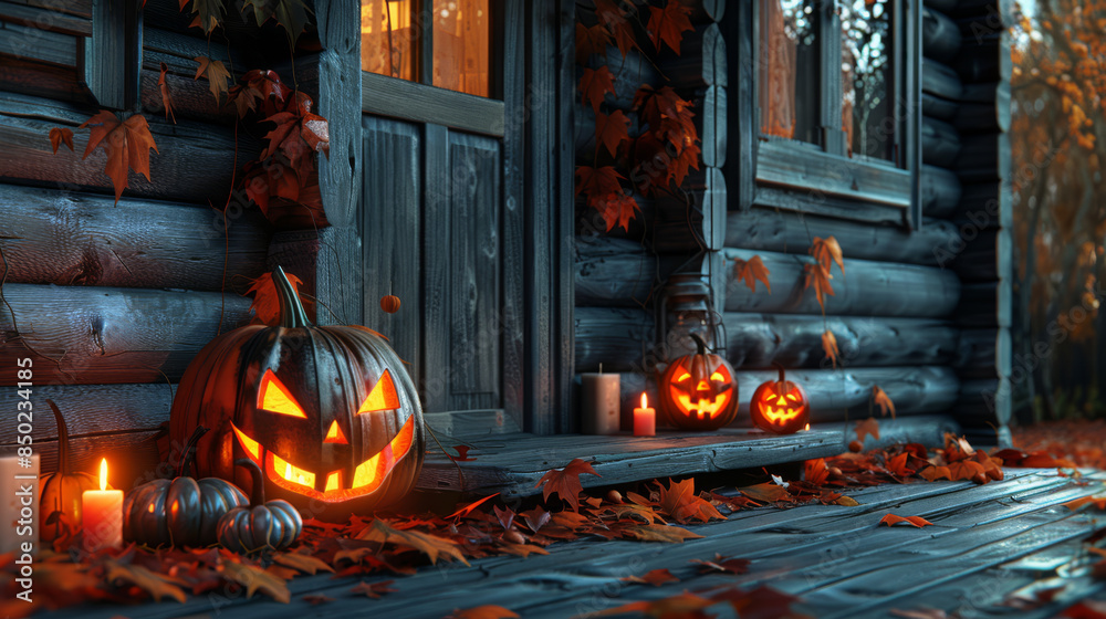 Obraz premium Entrance to a wooden house with pumpkin decoration and Halloween garland on a wooden staircase in autumn foliage, Jack-o'-lanterns with creepy faces. Background for Halloween design.