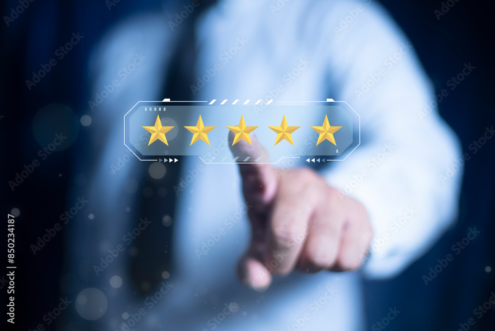 Businessman touch on five-star icon for feedback review satisfaction service, Customer service experience and business satisfaction survey.