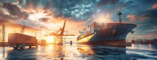 A container ship with a working crane bridge at sunset against a sky background depicting business logistics