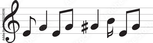 Music note sheet with abstract melody, transparent, png. Music notes. Staff treble clef notes. Musical rhythm concept