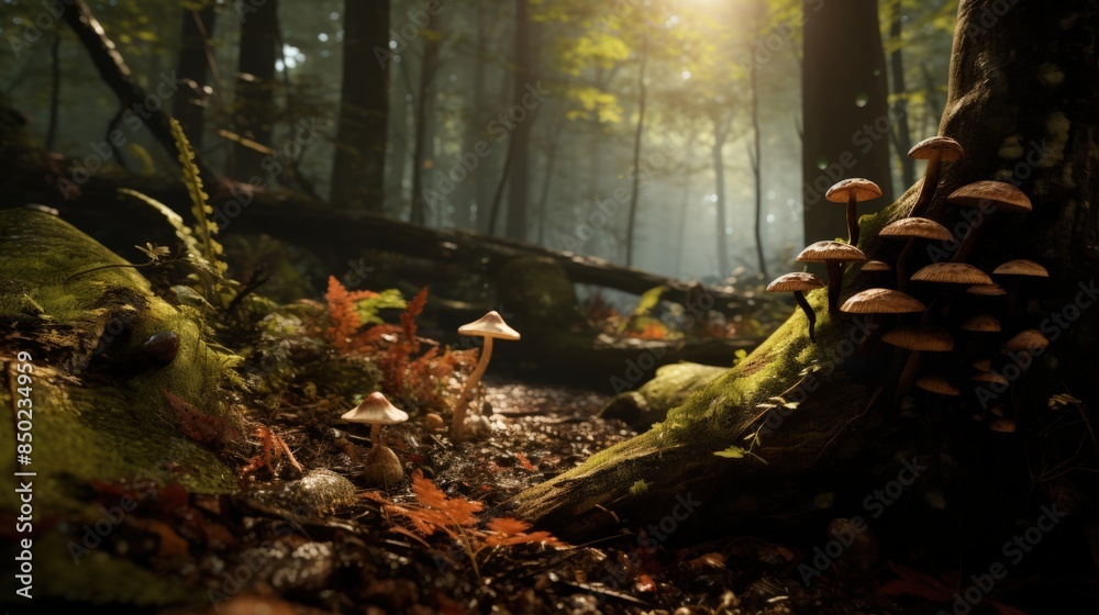 Enchanting forest scene with mushrooms growing amidst mossy logs and fallen leaves, illuminated by soft sunlight filtering through the trees. Enchanting forest scene with mushrooms growing amidst mossy logs and fallen leaves, illuminated by soft sunlight filtering through the trees.