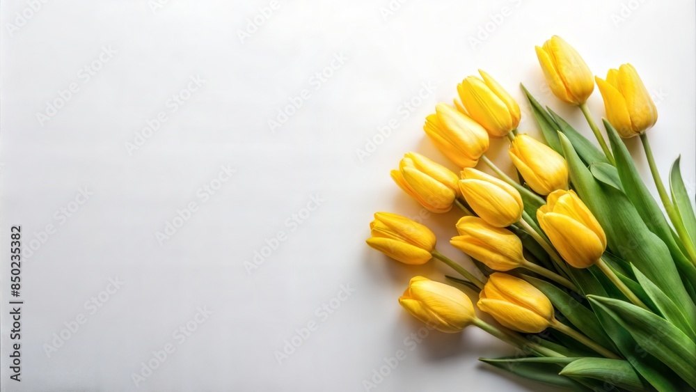 Bouquet of yellow tulips flowers on white background. Memories day. Flat lay, top view, copy space Bouquet of yellow tulips flowers on white background. Memories day. Flat lay, top view, copy space