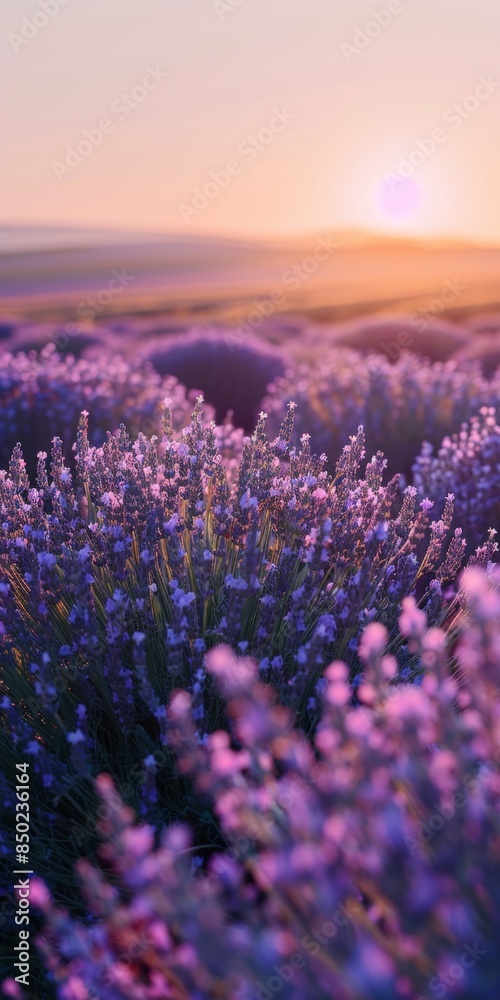 Obraz premium Lavender Field At Sunset With Mountain Views