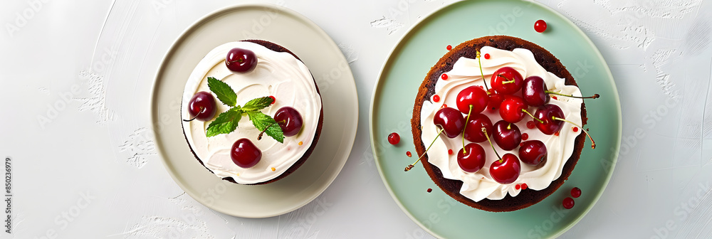 Top view of an appetizing cake with cream and cherry berries on a two color mint background set against a white backdrop The image offers a flat lay composition with plenty of copy space Top view of an appetizing cake with cream and cherry berries on a two color mint background set against a white backdrop The image offers a flat lay composition with plenty of copy space