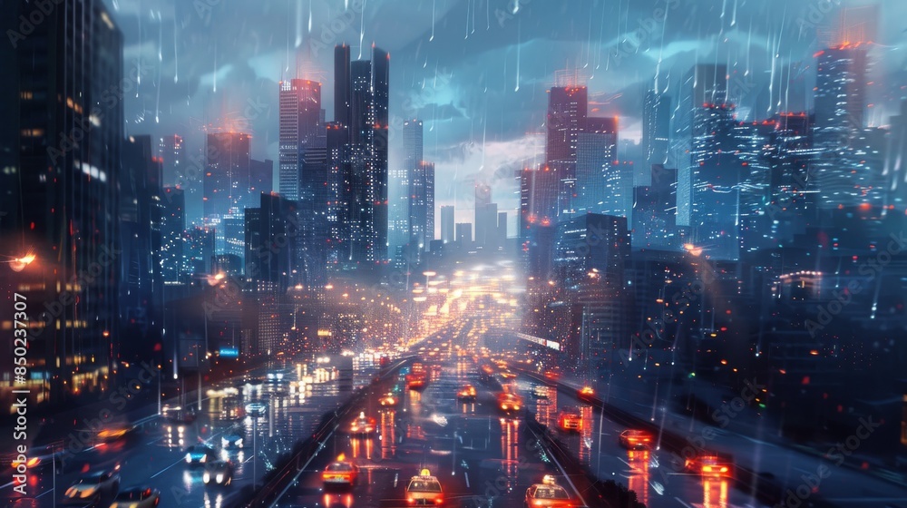 Obraz premium A city street with cars driving in the rain