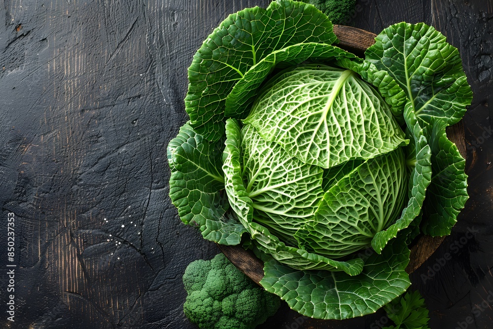 Fototapeta premium Fresh Organic Savoy Cabbage and Broccoli on Rustic Dark Wood Background for Healthy Food and Culinary Design