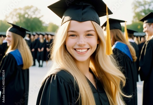 Young, caucasian American woman with long blonde hair wearing a black graduation cap and gown, smiling joyfully against a plain white background 