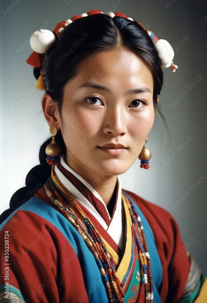 portrait of Tibetan woman in traditional dress, isolated white background portrait of Tibetan woman in traditional dress, isolated white background