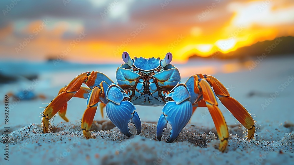 Vibrant blue crab on sandy beach at sunset, vivid colors and serene ocean background, showcasing nature's beauty.
