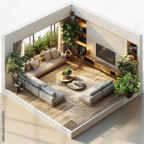 Isometric 3d living room illustration with round table and garden outside