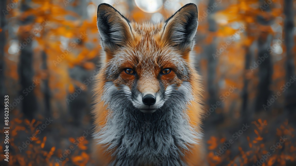 Fototapeta premium Close-up of a fox in a vibrant autumn forest, showcasing its striking fur and piercing eyes with a blurred natural background.