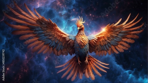 A majestic phoenix soars through a vibrant nebula. AI.