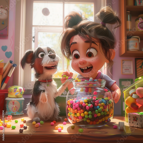 A young girl offers a treat to a playful puppy in a cozy, sunlit room filled with colorful candy