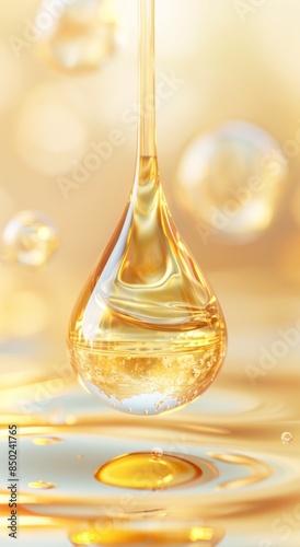 Golden Liquid Droplet Falling The background is a soft, blurred yellow