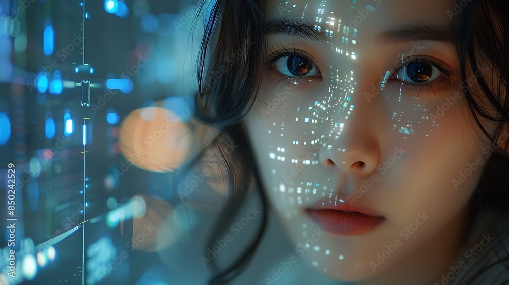 Future technology, a woman looking at the screen Future technology, a woman looking at the screen