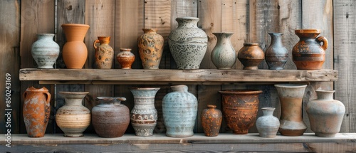 Rustic Pottery On Wooden Shelves showcasing a variety of handmade ceramic vases and pots arranged on rustic shelves.