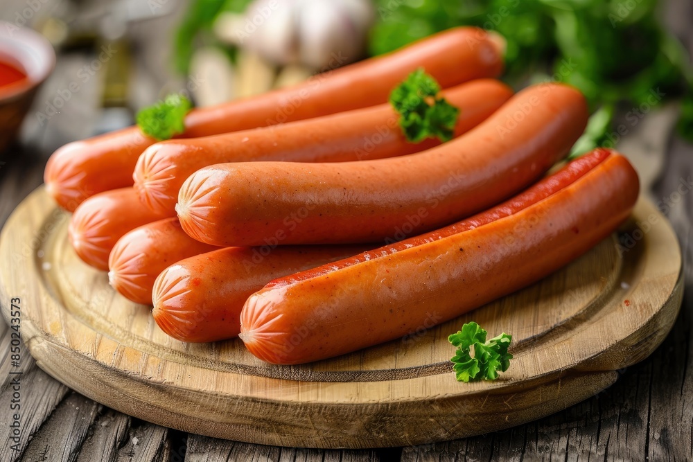 hot dog sausages on wood pad, food - generative ai hot dog sausages on wood pad, food - generative ai