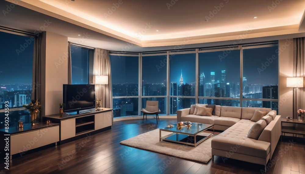 A night city view from a luxury apartment
