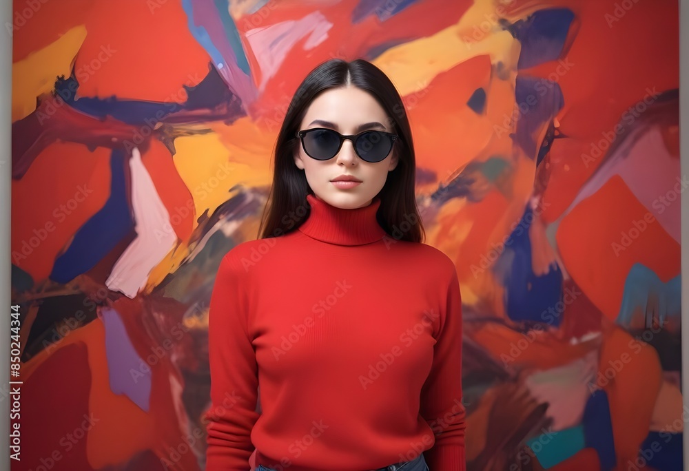 A young woman with dark hair wearing sweater or Jacket and sunglasses A young woman with dark hair wearing sweater or Jacket and sunglasses
