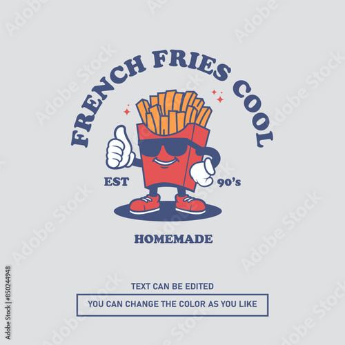 Retro cartoon style, cool french fries character illustration