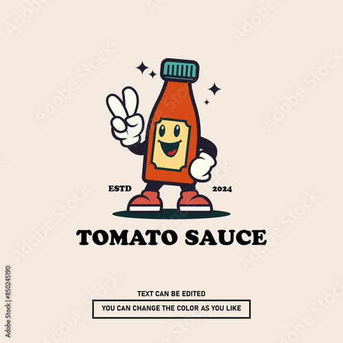 Retro cartoon style, illustration of a tomato sauce bottle character