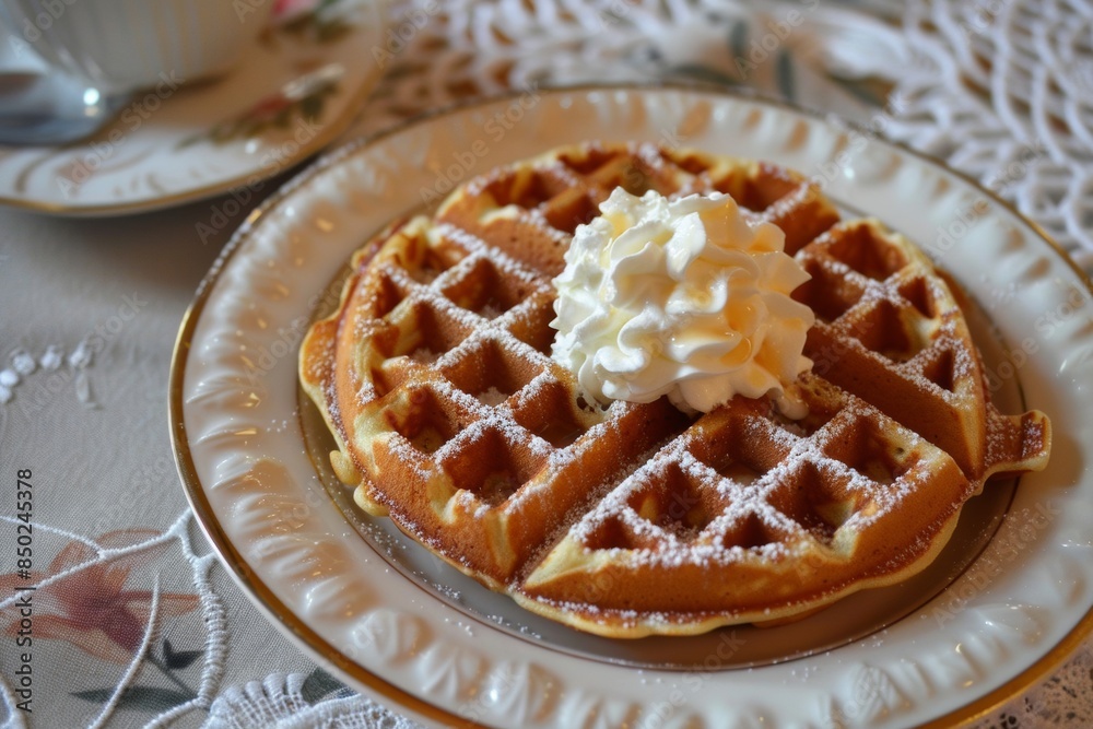 Homemade waffles topped with a generous dollop of whipped cream, served fresh and delicious on a rustic wooden table Homemade waffles topped with a generous dollop of whipped cream, served fresh and delicious on a rustic wooden table