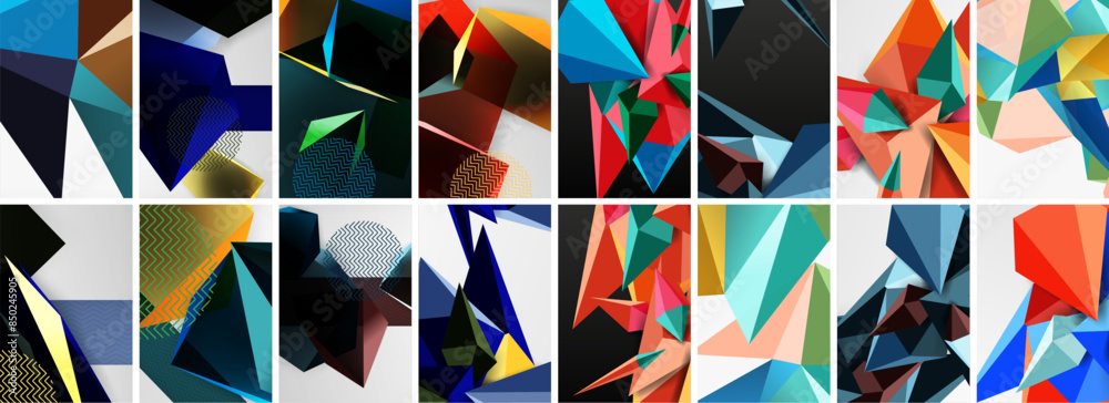 Set of low poly triangles poster geometric backgrounds. Vector Illustration For Wallpaper, Banner, Background, Card, Book Illustration, landing page Set of low poly triangles poster geometric backgrounds. Vector Illustration For Wallpaper, Banner, Background, Card, Book Illustration, landing page