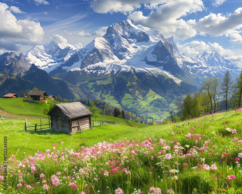 Fototapeta premium Sunny day in the alps idyllic mountain landscape with blooming meadows during springtime