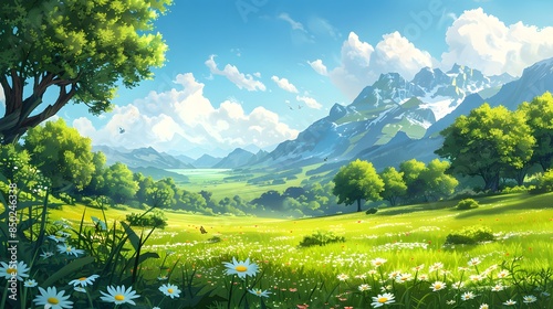 Panoramic green fields with blue sky, illustration, cloudscape, weather.