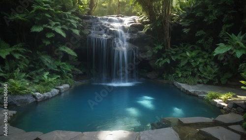 A serene waterfall cascading into a crystal-clear pool.