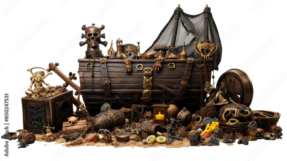 Fototapeta premium Detailed Wooden Pirate Ship Model With Skull Decor and Treasure