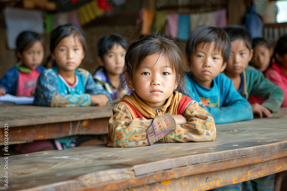 Asian student boy in a school in a disadvantaged Asian village pays attention in class to learn and have a future. Asian student boy in a school in a disadvantaged Asian village pays attention in class to learn and have a future.