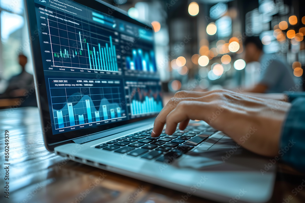 close-up of hands working with stock market data on the laptop. close-up of hands working with stock market data on the laptop.