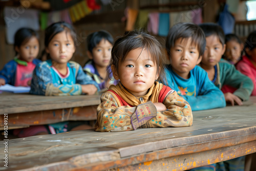 Asian student boy in a school in a disadvantaged Asian village pays attention in class to learn and have a future. 