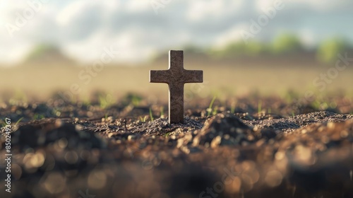 Close-up of a small cross standing in a field
