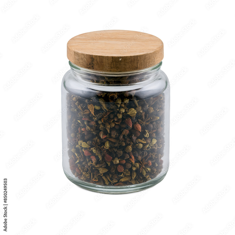 A jar filled with dried green spices sealed with a wooden lid on a transparent, white background in png A jar filled with dried green spices sealed with a wooden lid on a transparent, white background in png