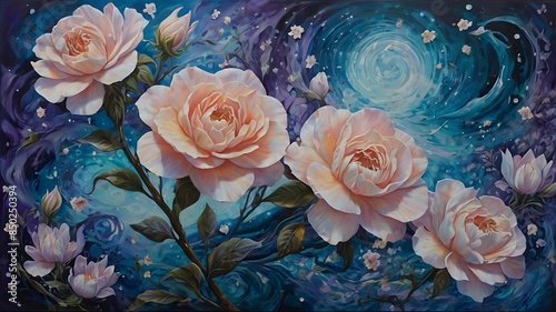 Floral illustration in space blue background, flowers and beauty wallpaper