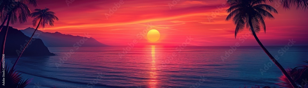 Stunning Tropical Sunset with Palm Trees and Ocean Landscape Stunning Tropical Sunset with Palm Trees and Ocean Landscape