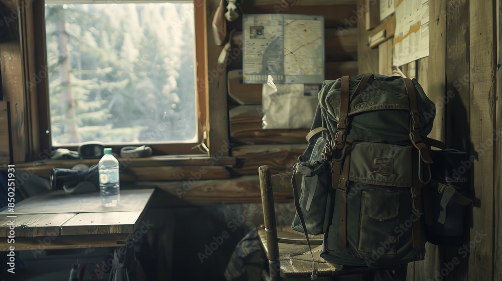 Backpack: A backpack hangs from the back of a chair, alongside a water bottle and a trail map, in an airy mountain cabin filled with anticipation for a day of hiking Backpack: A backpack hangs from the back of a chair, alongside a water bottle and a trail map, in an airy mountain cabin filled with anticipation for a day of hiking