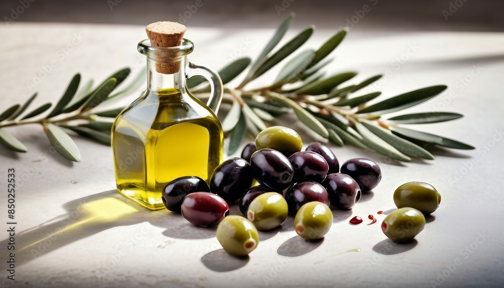 a bottle of olive oil and olives, copy space for text, ad shot a bottle of olive oil and olives, copy space for text, ad shot