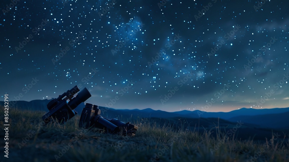 Camera: A camera lies on a grassy hilltop, next to a tripod and a pair of binoculars, under the vast expanse of a starry night sky in the wildernes Camera: A camera lies on a grassy hilltop, next to a tripod and a pair of binoculars, under the vast expanse of a starry night sky in the wildernes
