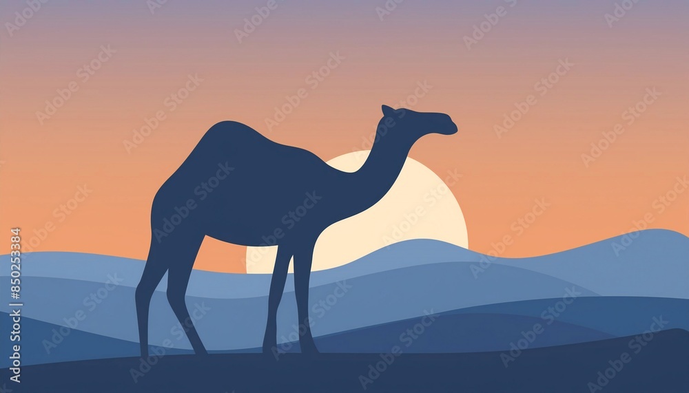camel animal silhouette, waves and moon background camel animal silhouette, waves and moon background