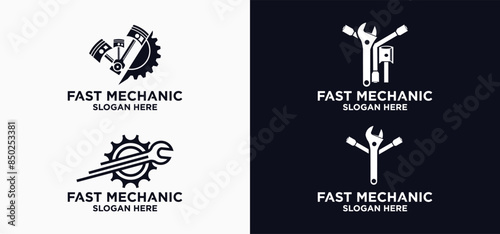 Mechanical technology logo, fast repair shop logo symbol, fast machine maintenance. piston spare parts