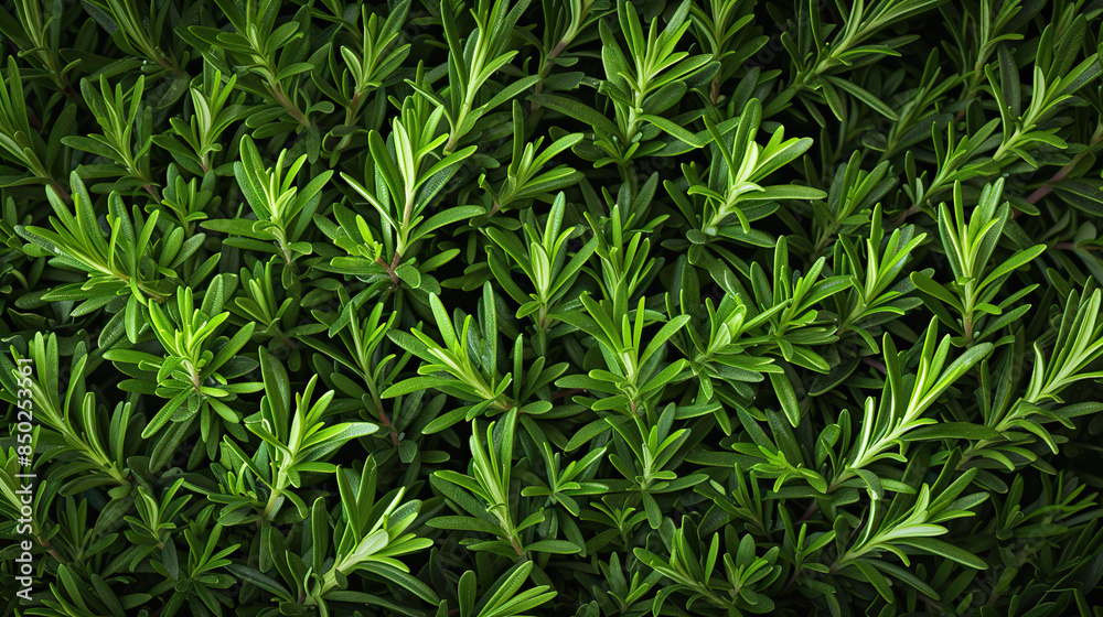 Green rosemary leaves texture background. Top view, flat lay.