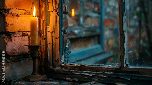 A close-up of a candle burning in a window. The candle is in a metal holder, and the window is old and dirty. © AiStock