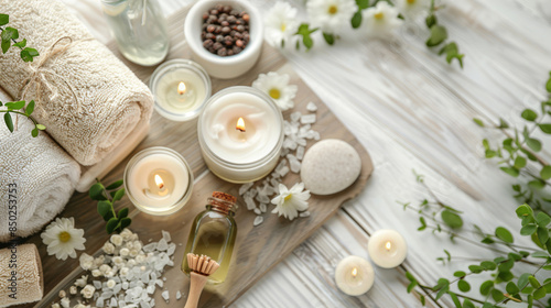 Serene Spa Treatment Flatlay, Natural Creams, Moisturizing Products, and Massage Stones